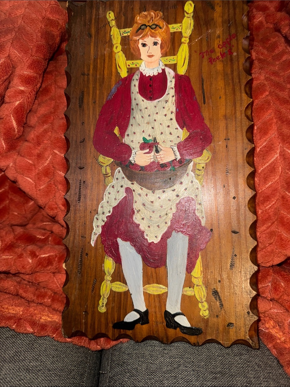 Vintage Hand Painted Wood Plaque Folk Art The Apple PeelerCountry Kitchen Decor